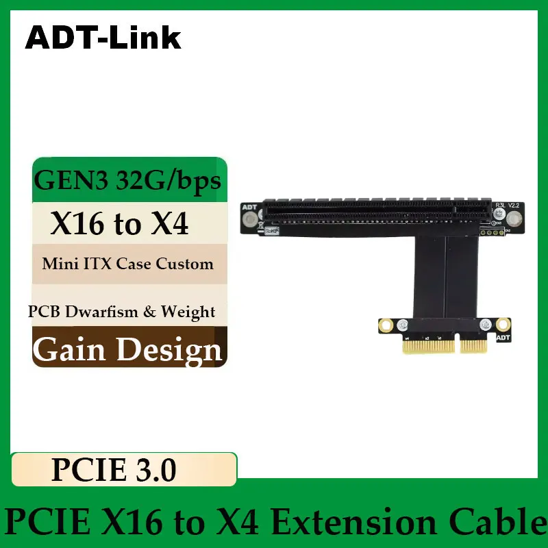 ADT-Link PCIE 3.0 X4 To X16 Extension Cable Gen3 32G/bps Riser Adapter for Graphic Card Card Ribbon Extender 4Pin Power