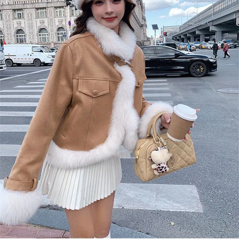 Retro vrouwelijke lange mouwen vossenbont jas herfst winter damesmode korte pluche uitloper 2025, geavanceerde dames patchwork bontjas