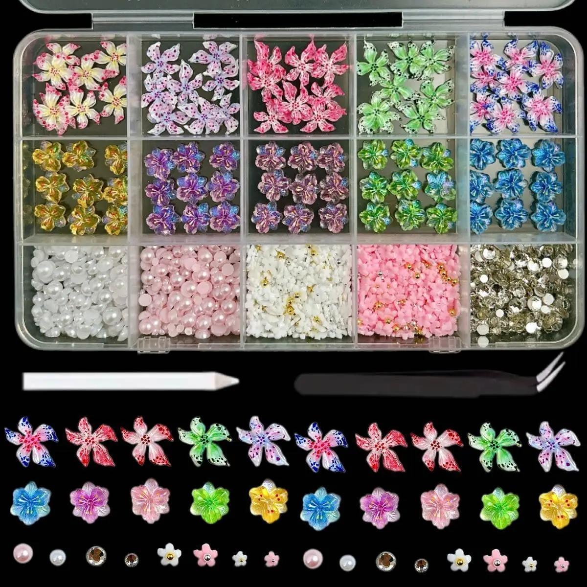 1 scatola colorata creativa mulino a vento fiore carino ape resina nail art charms fiori trasparenti mini farfalla decorazioni per unghie fai da te