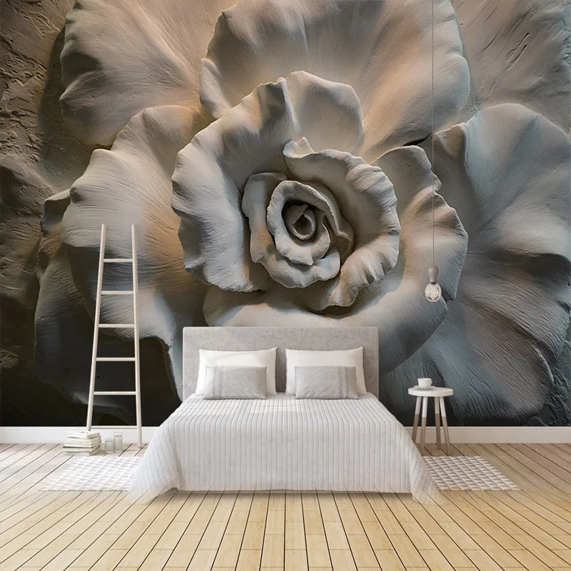 Gypsum visual relief flower craft TV background wall wallpaper living room light luxury 8d video wall cloth