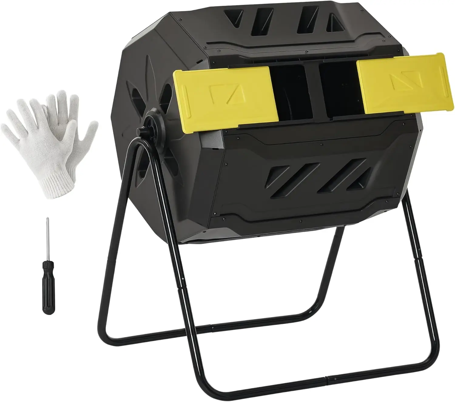 

43 Gallon Dual Chamber Tumbling Compost Bin 360° Rotating Outdoor Composter, Yellow