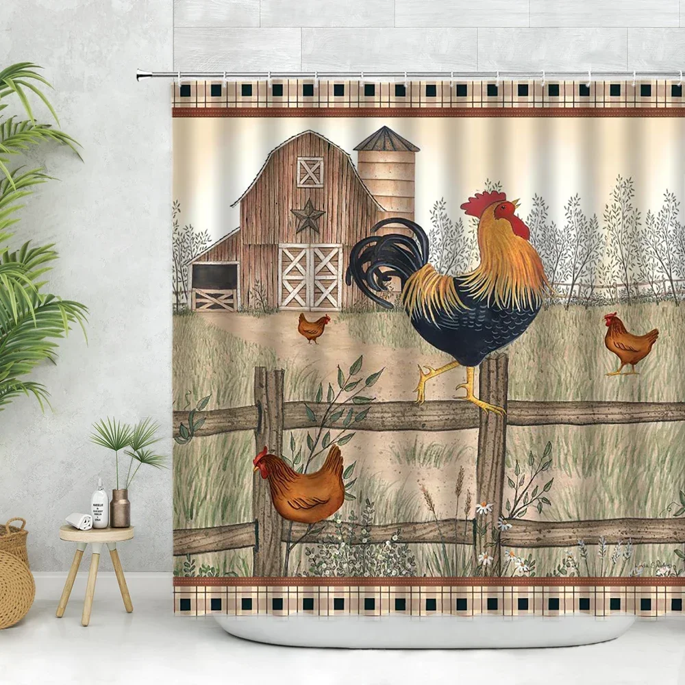 Farmhouse Bathroom Shower Curtains, Sweet Farm Chicken Country Animals Rooster on Vintage Shabby Chic Wooden Bathroom Curtain