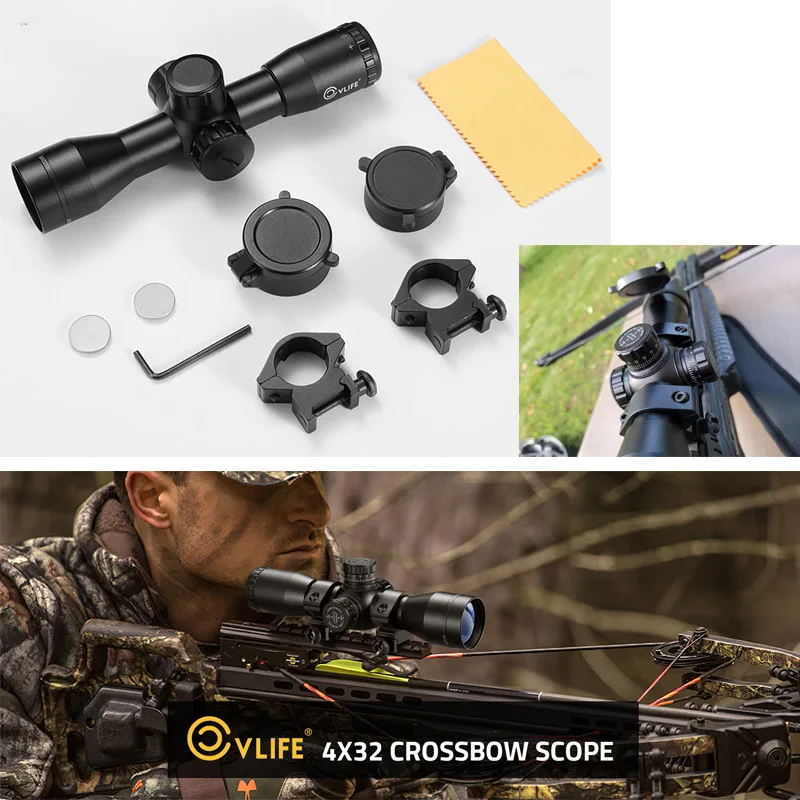 

4x32 Crossbow Scope Red Green Illuminated Crossbow Scopes for Hunting Circles and Rangefinder Etched Glass Reticle Optic 20-100Y