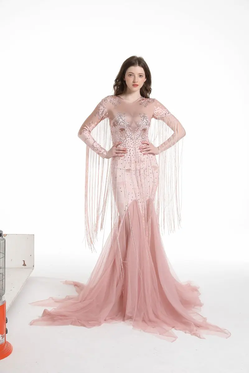 

2026 New Elegant Style Women Party Mesh Sparkly Long Dress Fringe Stage Wear Prom Evening Outfits Photoshoot Props
