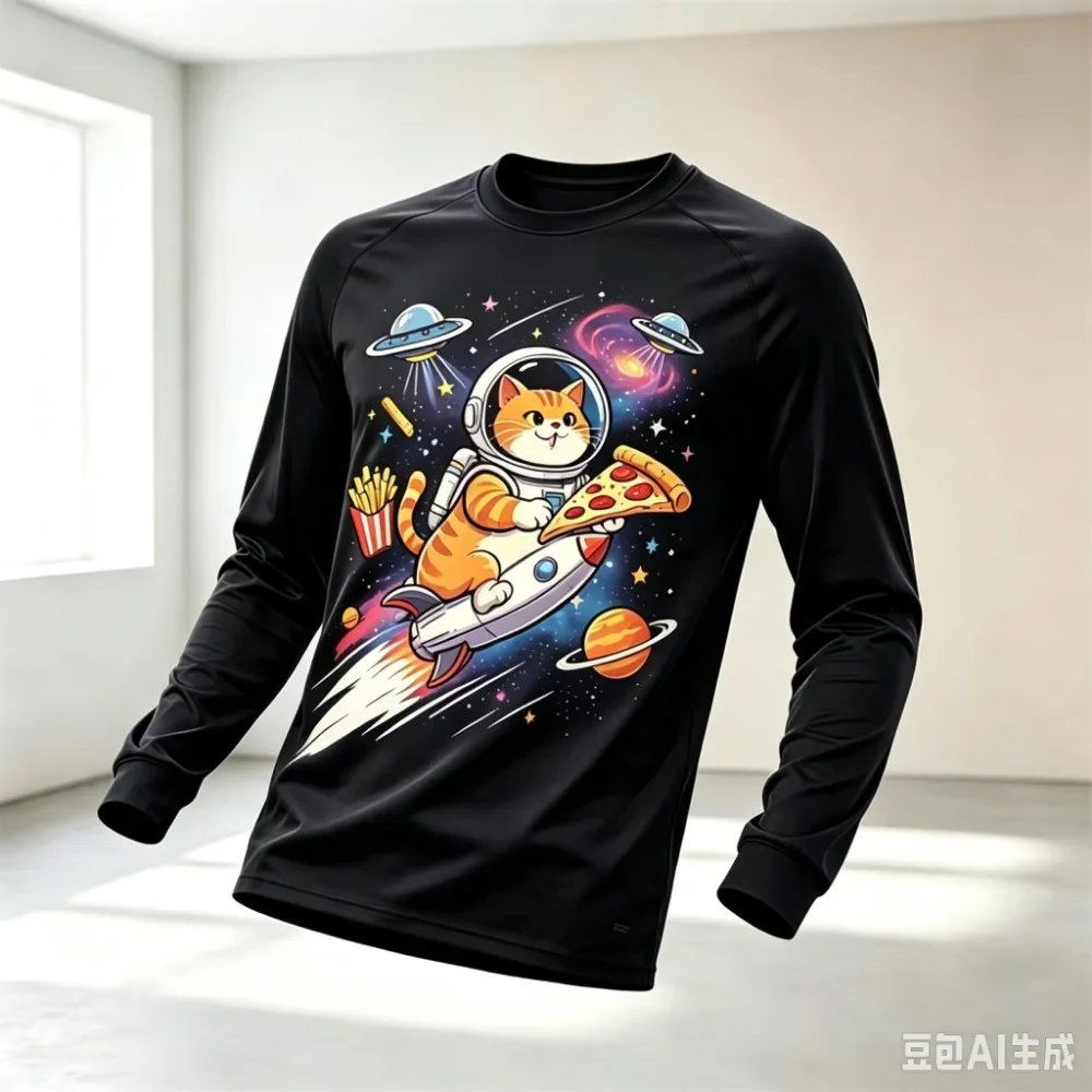 T-shirt à manches longues pour hommes, imprimé 3D avec un motif original de chat astronaute dans un décor spatial, style décontracté et tendance, respirant et à séchage rapide.