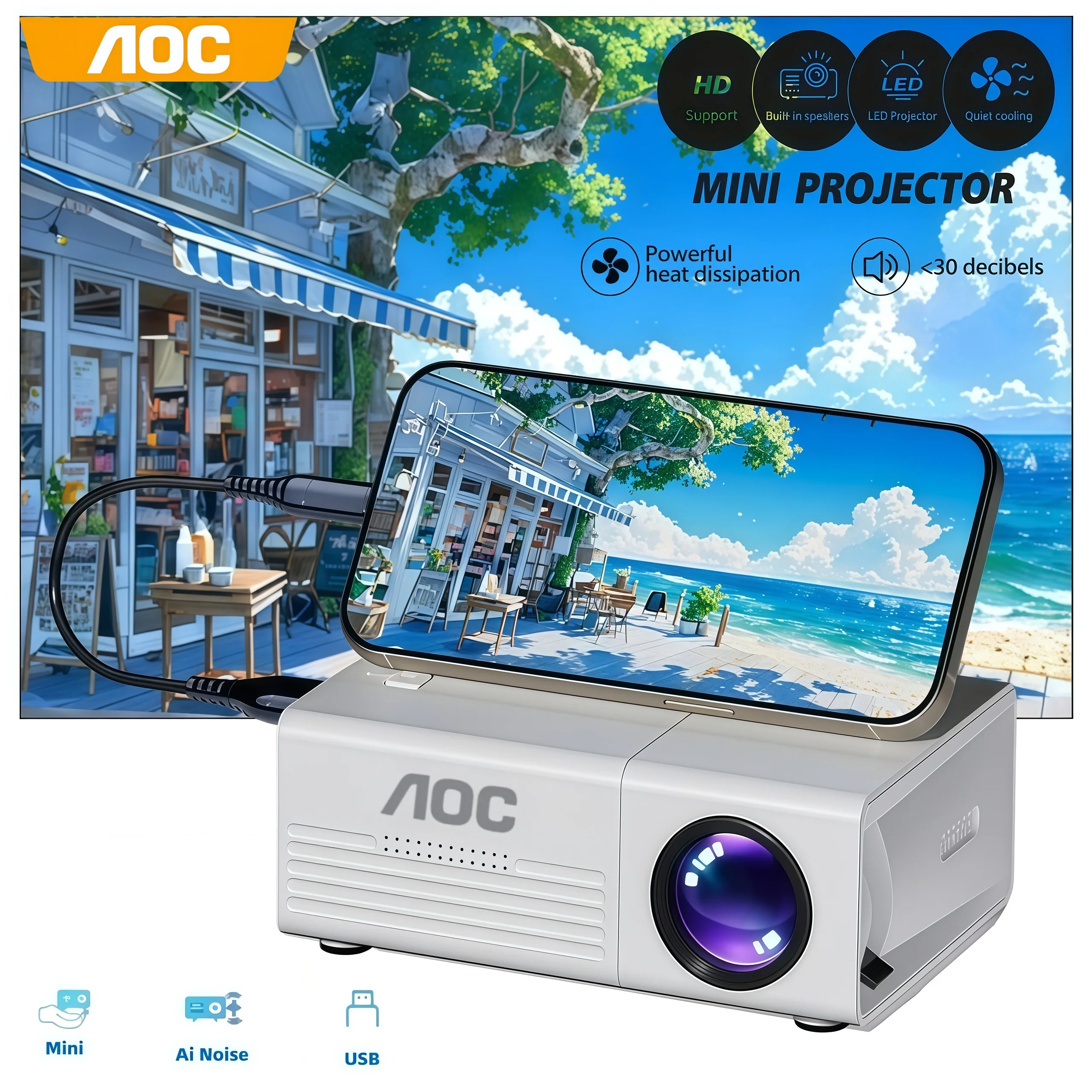 AOC Q1 Portable Mini Projector, USB Wired Connection, AI Noise Reduction, 100-Inch Screen, Manual Focus, Keystone Correction, Low Latency, HD Home Theater, Gaming, Outdoor Movie Projector for the Bedroom, Travel, and Camping