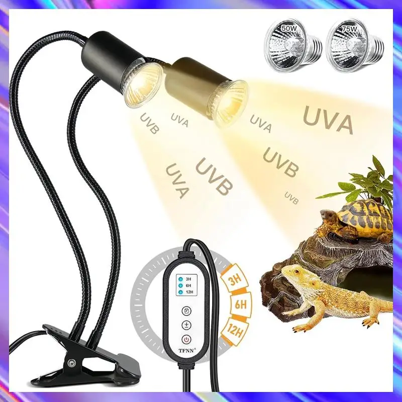 

B69C Reptile Heat Lamp, Double-Head Heat Lamp With Clamp,Reptile Light With Cycle Timer For Turtle, Bearded Dragon
