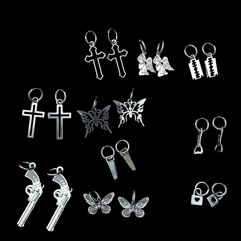 Vintage Gothic Punk Cross Blade Gun Saw Bottle Opener Pendant Earrings Cool Butterfly Love Heart Lock Angel Earings for Women