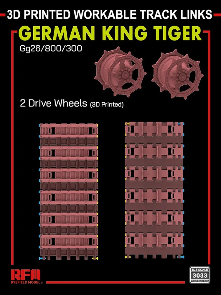 

Rye field upgrade accessories RM-3033 Gg26/800/300 Type Workable Track Links+drive wheels*2 (3D Printed) for King Tiger kit 1/35