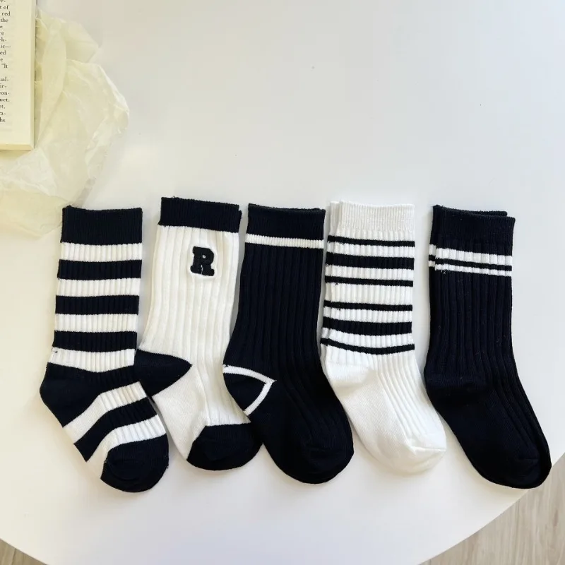 Fashion Kids School Socks 1 Pair Simplicity Black White Calf Sock for Toddler Boy Girl