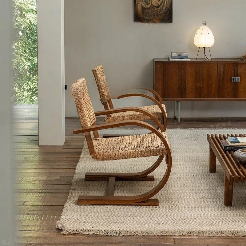 Medieval Replica\ French Retro Medieval Wabi Wind Living Room Solid Wood Straw Designer Casual Sofa Chair