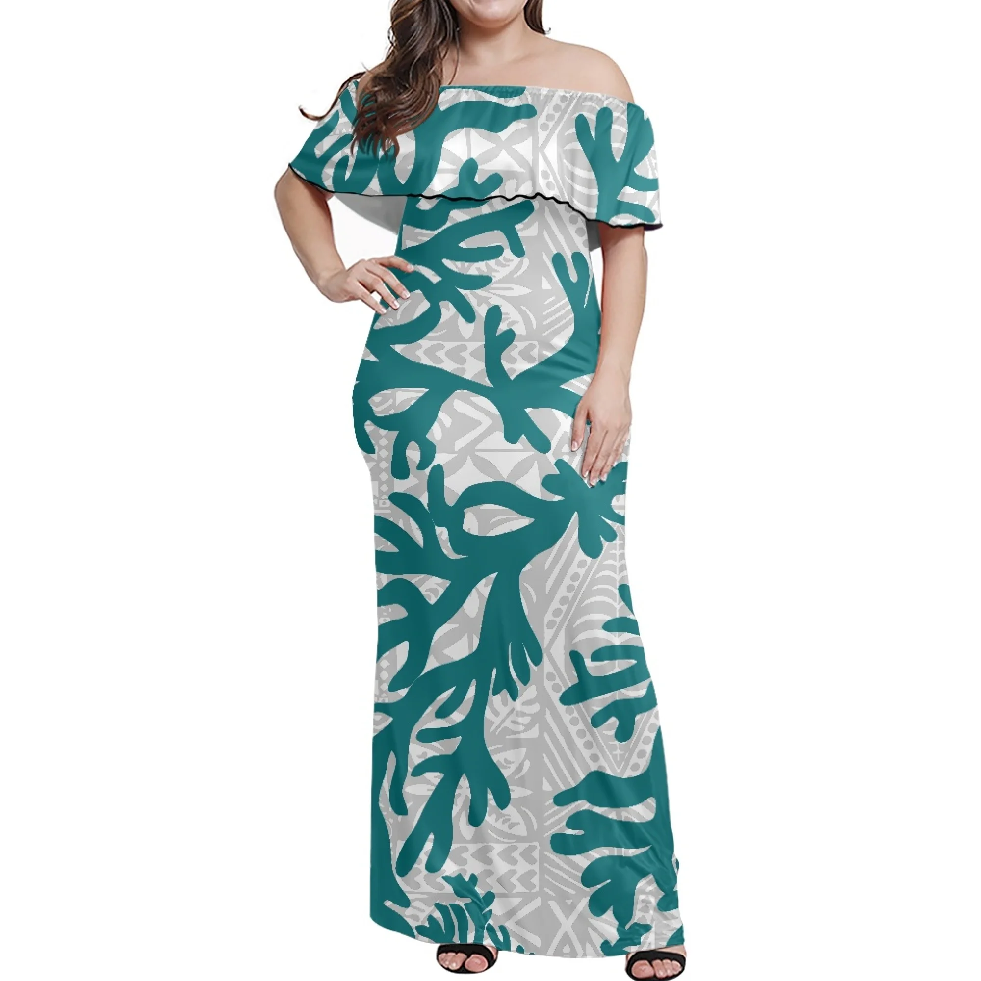 Tight-Fitting Hip Wrap Long Dress Sexy One-Line Shoulder Off-The-Shoulder Banquet Evening Gown Polynesian Art Print Custom