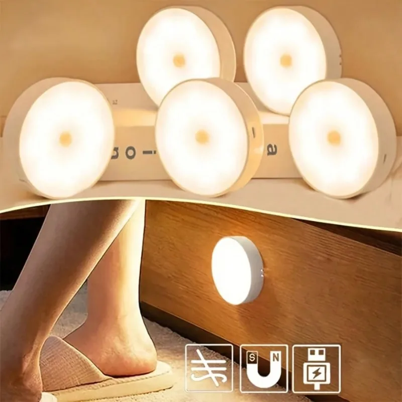 5-Piece 8-LED USB Rechargeable Motion-Sensing Night Light, Magnetic Wall Lamp, White/Warm White Light, Suitable for Staircases, Wardrobes, Bedrooms, Bedside Areas, Shoe Cabinets, for Home Use.