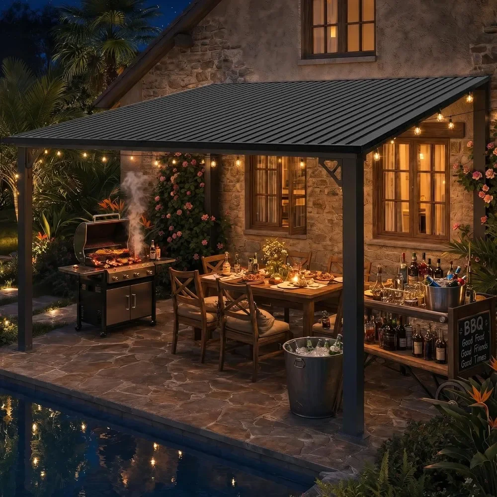 12x10 FT Lean to Gazebo Sloping Galvanized Steel Roof Hardtop Outdoor Pergola with Heavy Duty Aluminum Frame for Patio, Custom