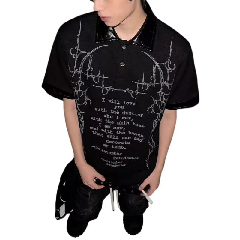 Unisex Gothic Punk T-shirt 2026 New Summer Subculture Print Short Sleeve T Shirt For Men Waffle Knit Leather Collar Design Top