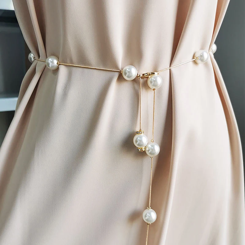 115cm For Ladies Dress Skinny Waistband Decorative Jewelry Elegant Pearl Women\'s Belt Simple Adjustable Metal Thin Chain Belt