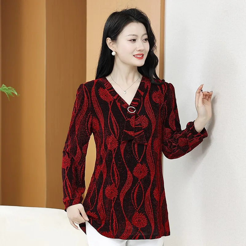 Elegant Vintage Women Clothing spring Gauze Midi Shirts Shiny Print T-shirt Basic Fashion Long Sleeve New Bowtie Casual Blouses