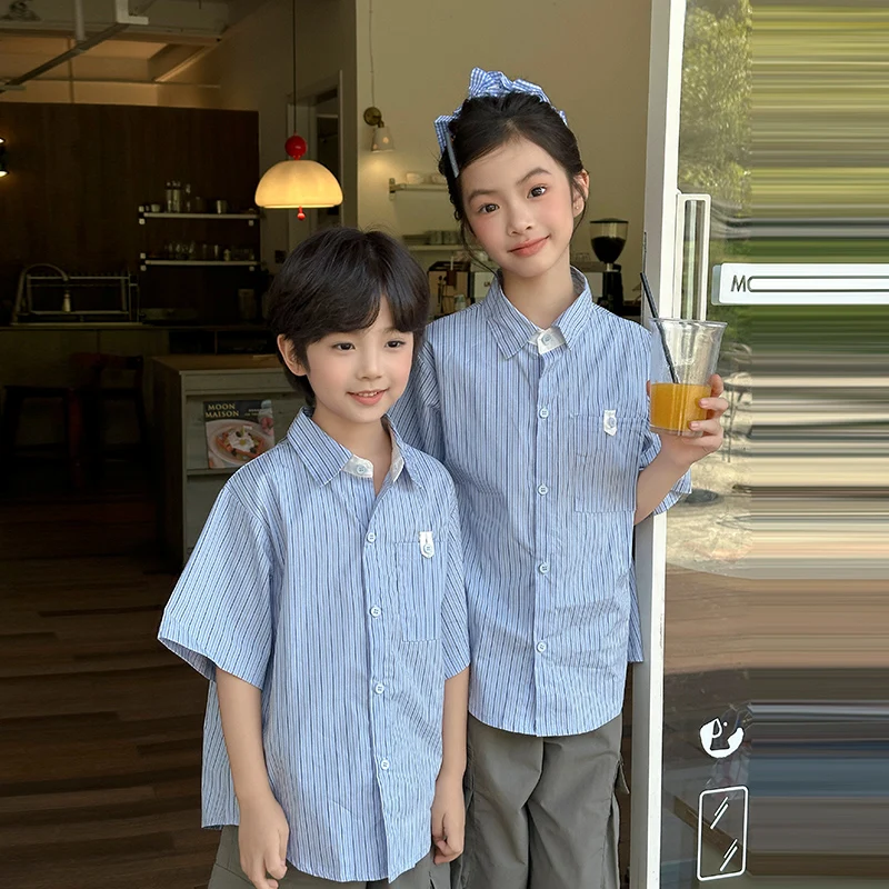 

High Quality Twins Baby Summer Clothing Tops For Boy Girls Short Sleeve Vertical Striped Shirt Kids Child Classic School Blouse