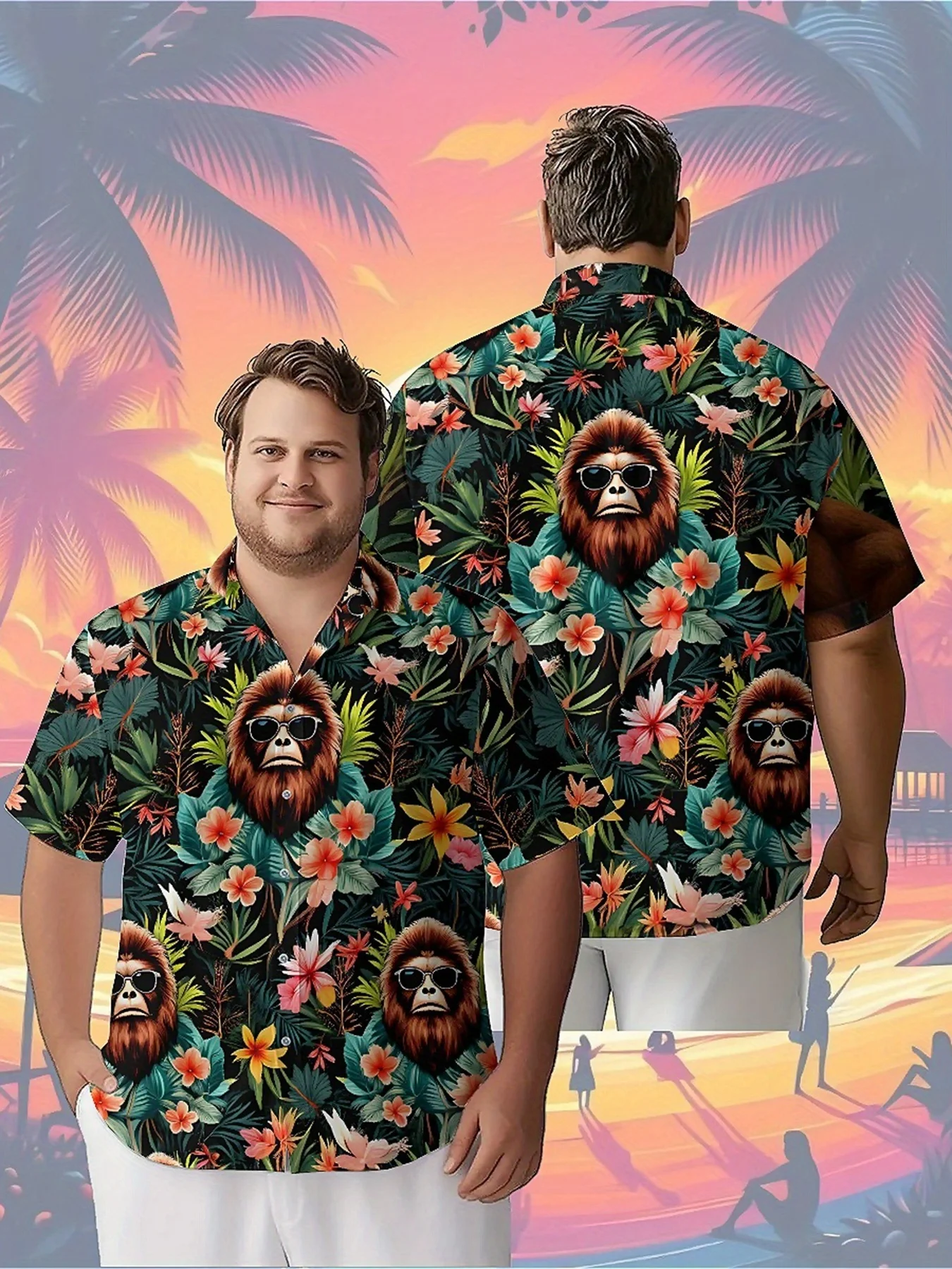 

Men's Plus Size Hawaiian Shirts Sasquatch Theme with Tropical Jungle pattern,Unisex Baggy Aloha Shirt,summer Alternative Clothes