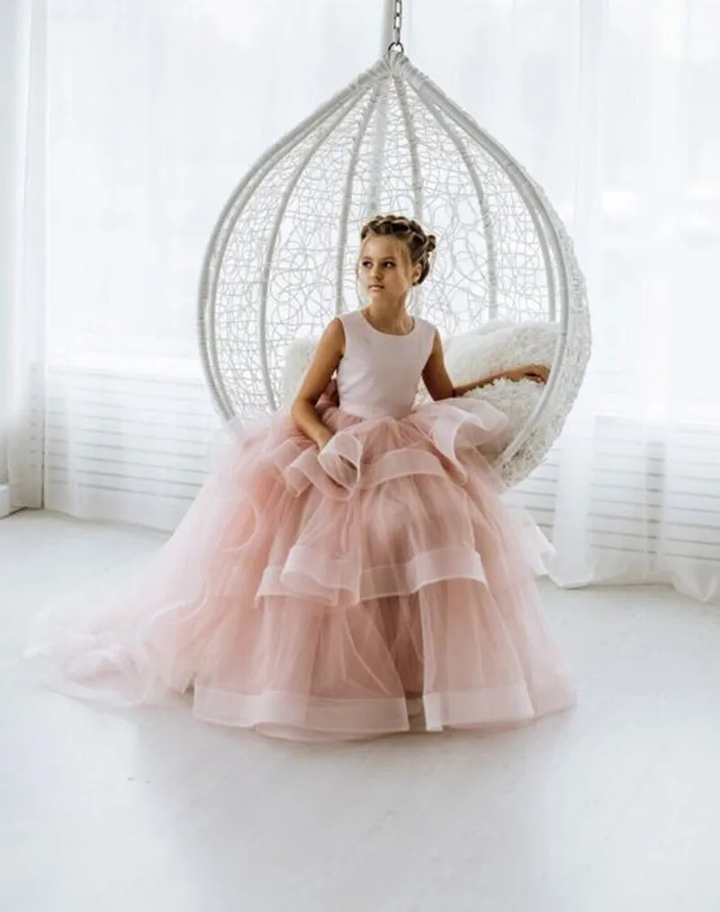 Blush Tulle Flower Girl Dress Ball Gown Wedding Party Junior Bridesmaid Dress Child Birthday Gown First Communion Dress 1-16T