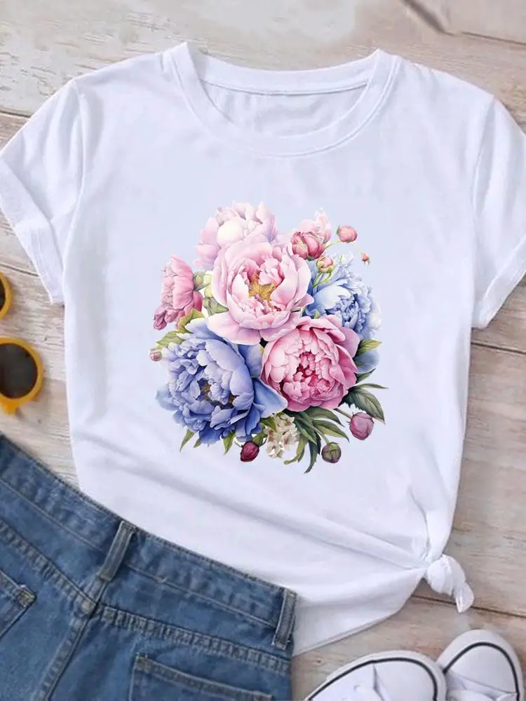 Camiseta con estampado de mariposa y flores para mujer, Top de manga corta a la moda, ropa informal