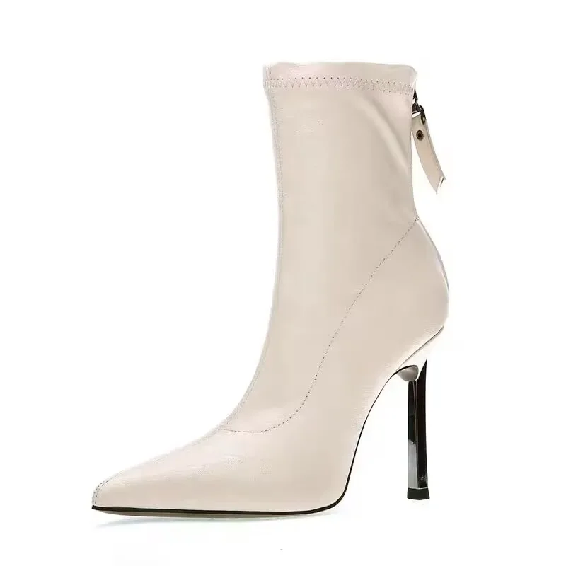 Women Shoes 2024 High Quality Zipper Women Boots Fashion Solid Color Office and Career Sexy Pointed Stiletto Heel Ankle Boots