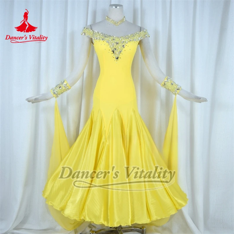 Ballroom Dance Dew Shoulder AB Stones Dresses with Necklace Custom Adult Female Waltz Tango Perform Clothing Dancer's Vitality