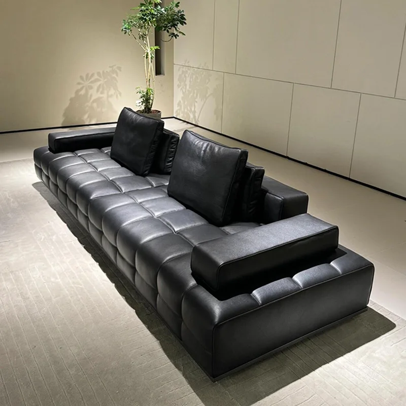 Sofa first layer cowhide straight row leather Italian minimalist small apartment living room modern three or four people combina