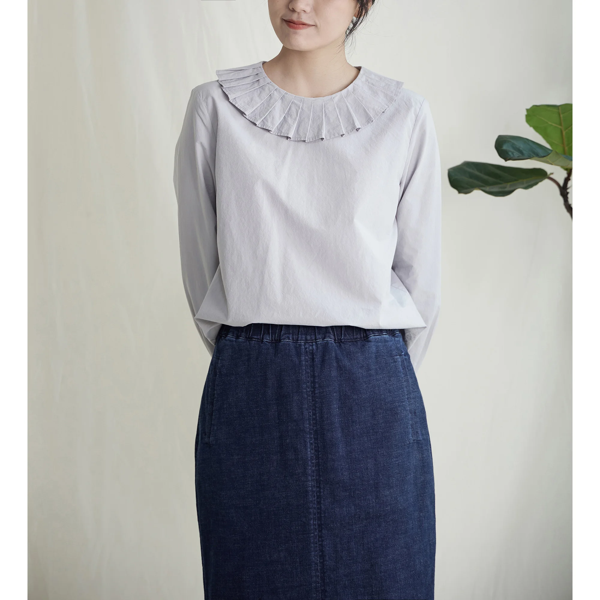 

Mist ey Pure Cotton Overhead irt Floral Collar Original Design Loose Fit Long Sve round Ne Thin Breathable Women's S...