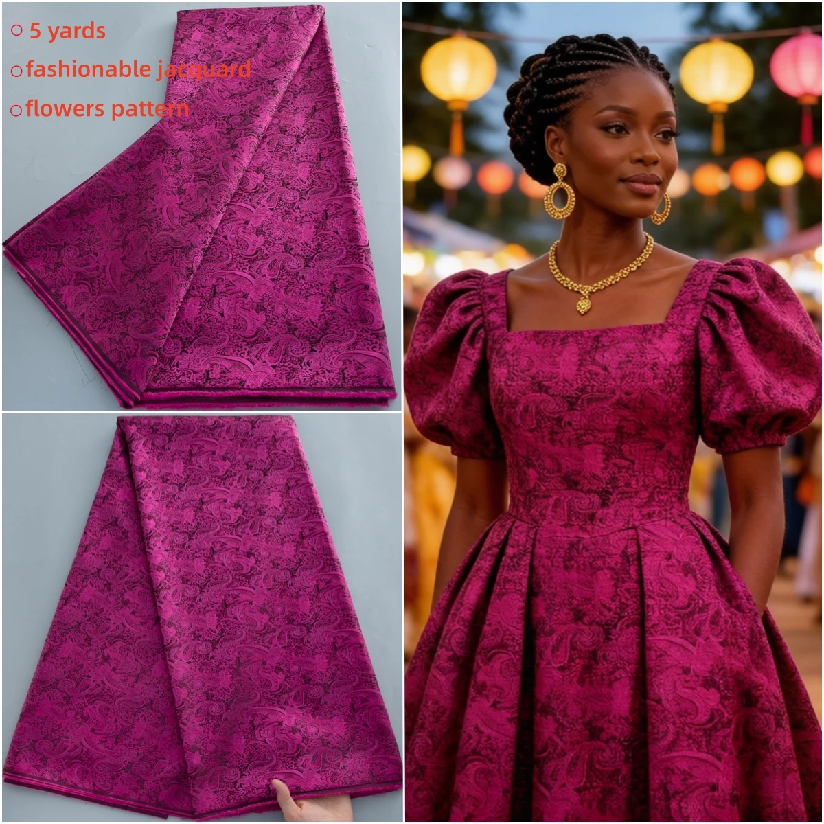 Fuchsia 5Yard African Brocade Jacquard Lace Fabric, Flowers Pattern Embroidered Satin Lace For Sewing, Wedding Dress, Party Wear