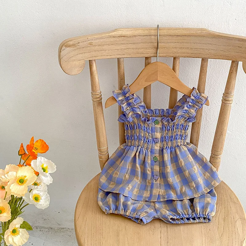 MILANCEL 2PCS Toddler Baby Girl Clothing Set Kids Plaid Girdling Waist Camisole Shirt And Bloomer Infant Princess Suit for 0-3Y