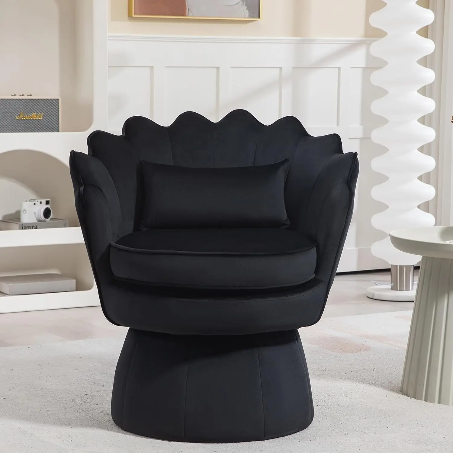 360° Swivel Velvet Barrel Chair, Mid-Century Modern Shell Arm Chair with Lumbar Pillow for Living Room Bedroom Office, Black, Cu