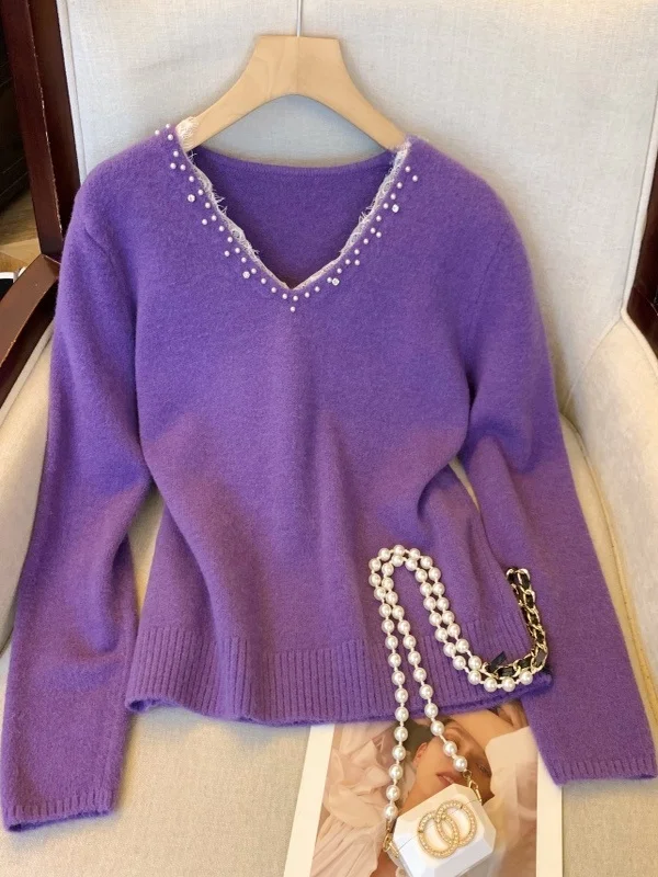 ey الدانتيل الربط فضفاض محبوك V-Ne المرأة الخريف الشتاء الثقيلة مزين الماس قاعدة سترة مريحة تريكو #2