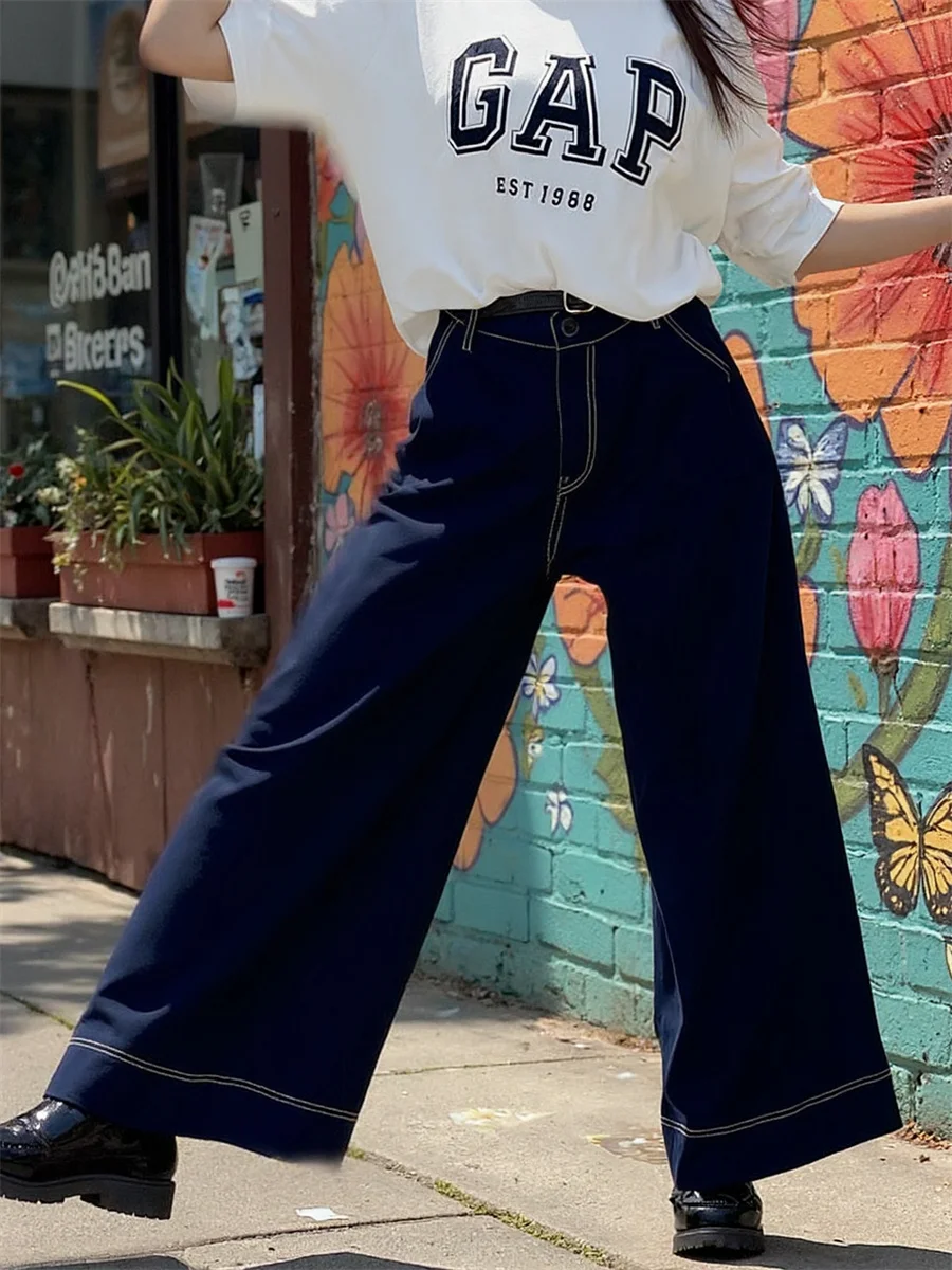 

Baggy Wide LegDenim Jeans Womens High Waist Flared Patchwork Pleated Embroidered Stretchy Pockets Regular Fitting Blue