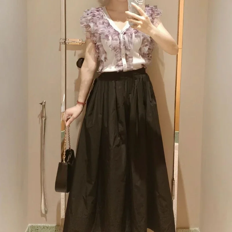 Kuzuwata Sweet Flying Sleeves Mesh Patchwor Pulloverk V-neck Japan Style Knitted Top Cascading Ruffles Single Breasted Sweater