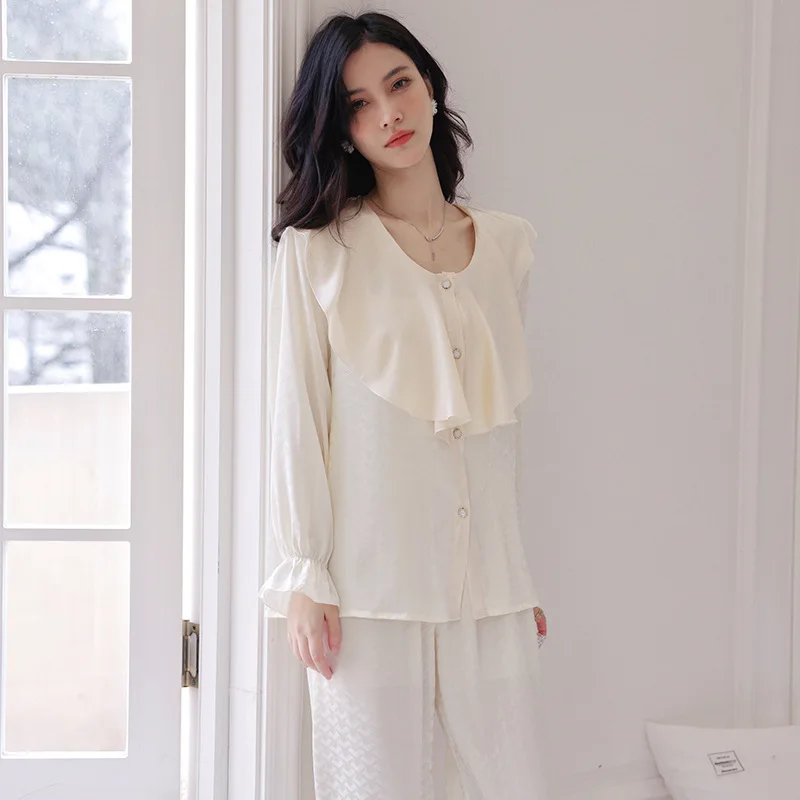 Spring New Couple Long Sleeve Nightwear Jacquard Ice Silk Pyjamas Sleepwear Pajama Set For Men And Women Casual Sleepwear PJS