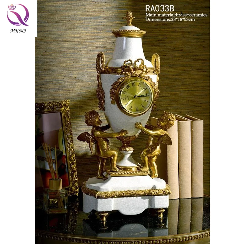 European brass ceramic luxury seat clock pure copper angel doll boutique neoclassical ornaments table clock for living room porc