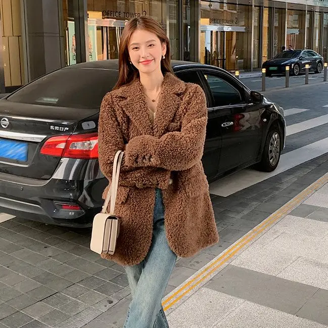 Korea Lamb Fur Fashion Lapel Long Sleeves Women Blazer Jacket Warm Thick Single Breasted Loose Outwear Office Lady Commute