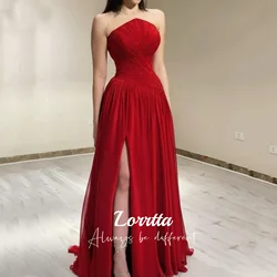 Lorrtta Abiti lunghi da ballo in chiffon rosso Abiti da festa con spacco laterale pieghettato senza spalline Abito da sera speciale per banchetti da club personalizzato