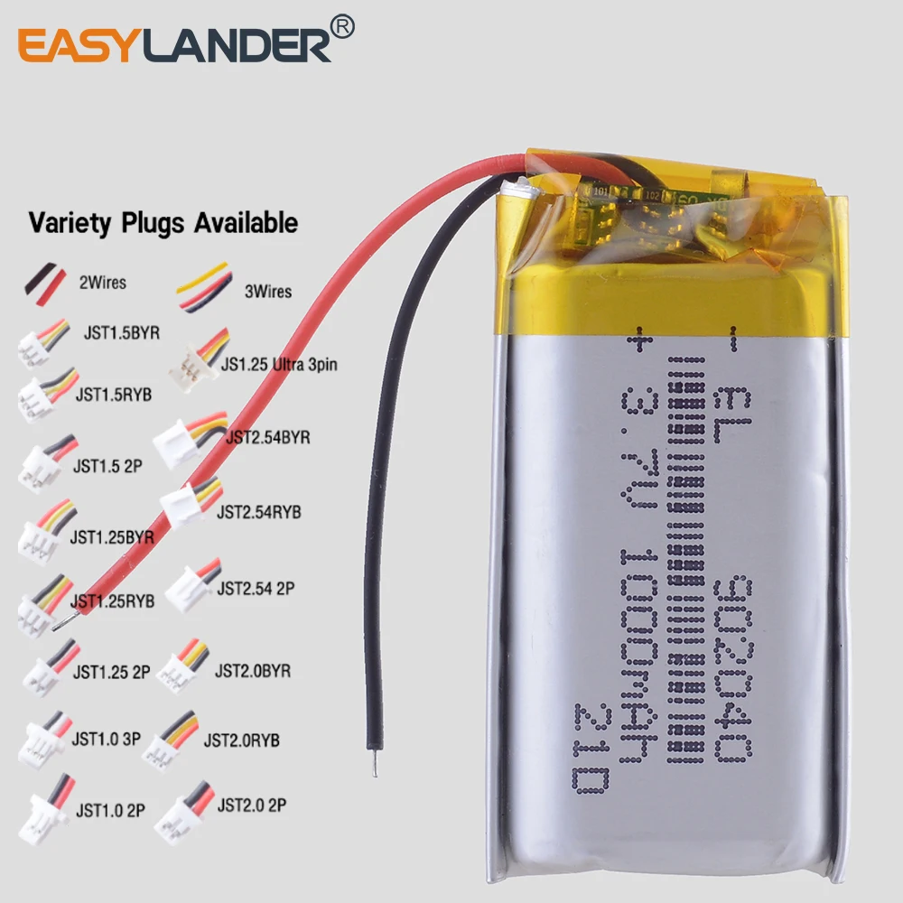

JST 1.25mm 2pin 902040 3.7V 1000mAh Lithium Polymer LiPo Rechargeable Battery