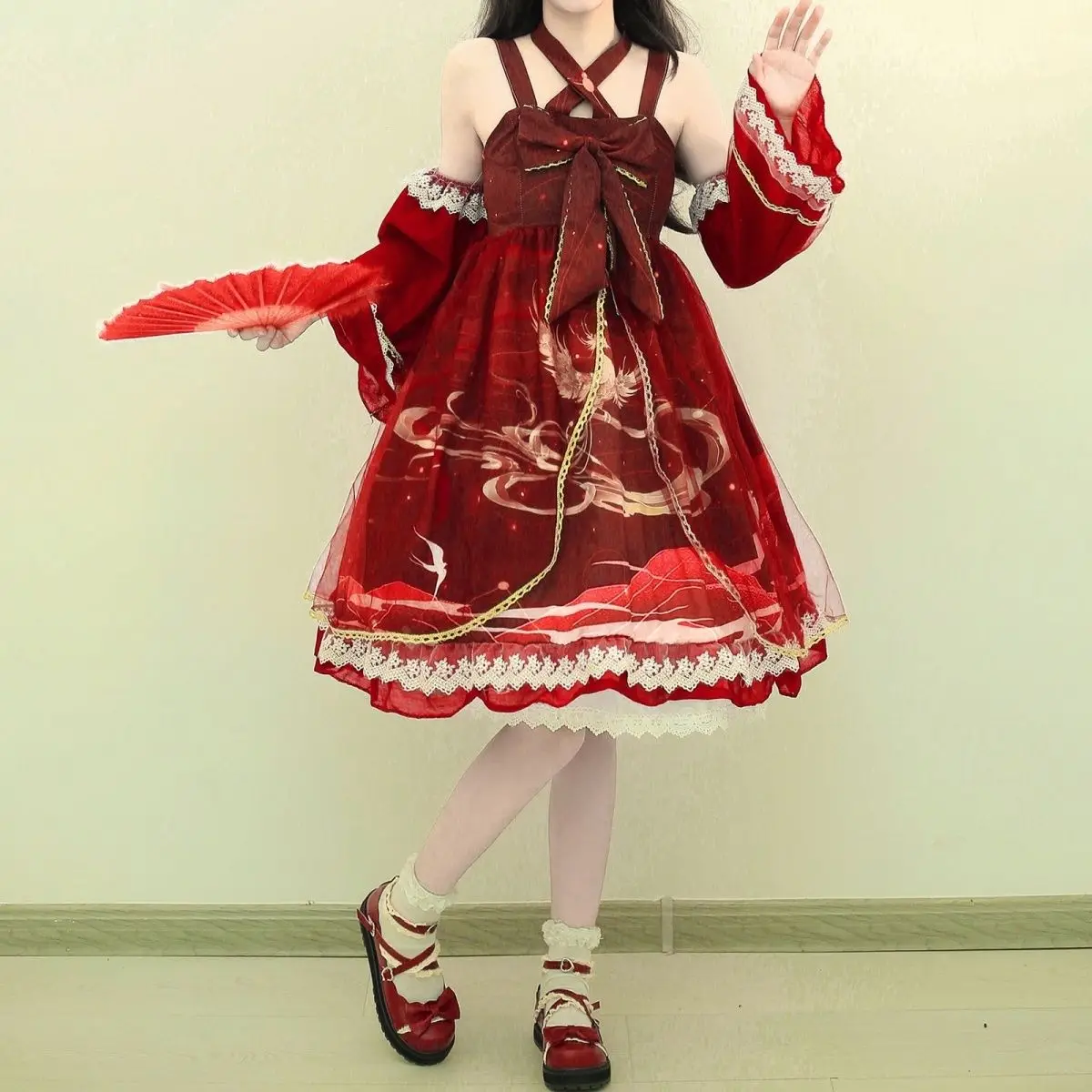 

Оригинальное винтажное платье феи JSK в стиле Лолиты, женское платье в китайском стиле с принтом Hanfu, новогодняя вечеринка, милые комплекты платьев Лолиты