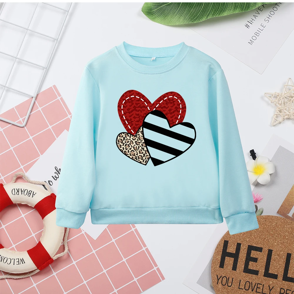 Pink High Quality Kids Sweatshirts O Neck Clothes Love Heart Print All-match Popular Trendy Child Hoodless Tops Sweater Dropship