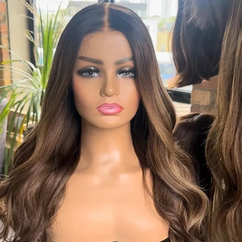 Party Daily Cosplay Wig 13x4 Middle Part Ombre Caramel Brown Glueless Wigs Synthetic HD Lace Front Wig Preplucked Hairline 22''