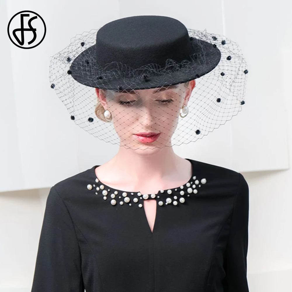 FS Female Vintage Black British Top Hats For Women With Veil Elegant Church  Formal Cap Ladies Cocktail Tea Party Millinery 2024