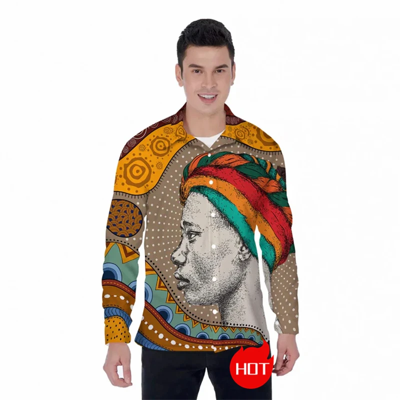 Fashion Africa Cultural Landscape Graphic Long Sleeve Shirts For Men Clothes African Women Lapel Blouse Casual Tribe Animal Tops