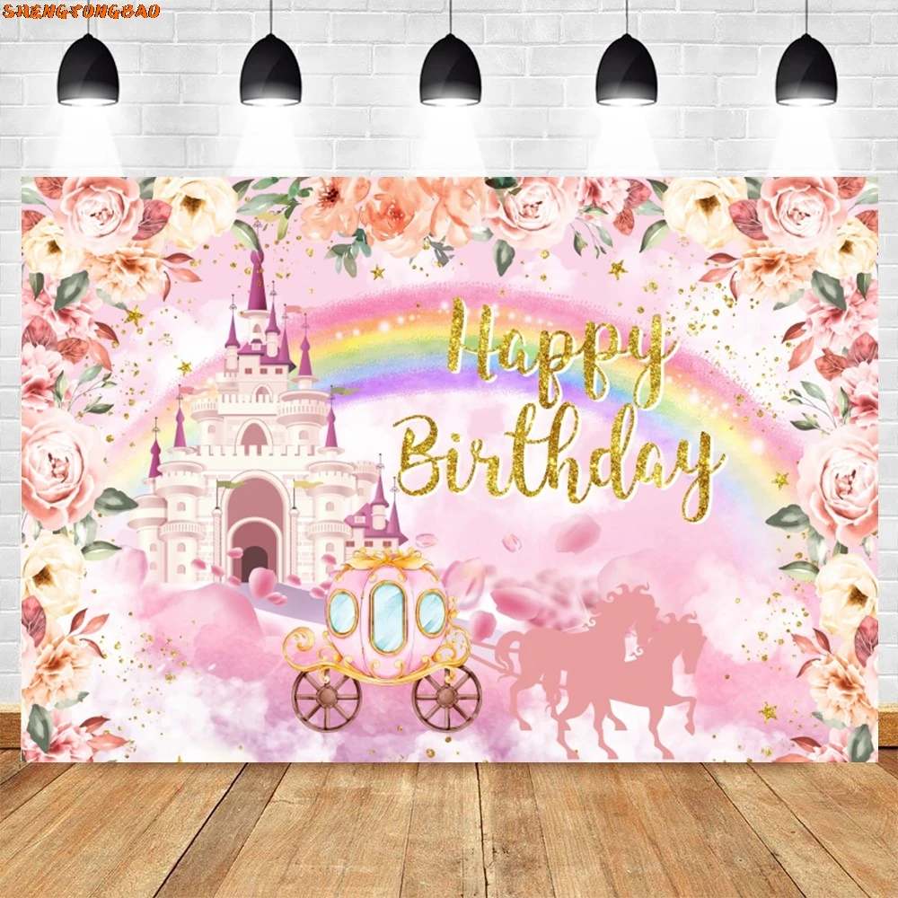 Castelo arco-íris princesa aniversário fotografia pano de fundo dourado glitter unicórnio feliz aniversário meninas festa decoração fundo