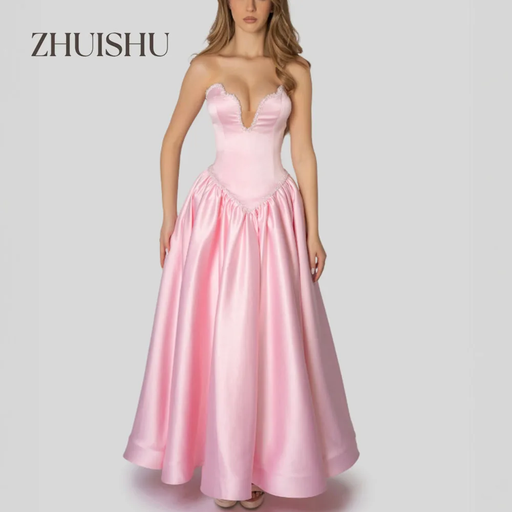 

ZHUISHU Элегантное розовое вечернее платье без бретелек с жемчугом по индивидуальному заказу, роскошные длинные платья для выпускного вечера, женское вечернее платье с корсетом на спине