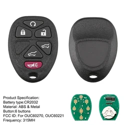 6 buttons 315Mhz keyless Remote key For Chevrolet Tahoe Traverse GMC Yukon 2007 2008 2009 2010 2011 2012 2013 2014 OUC15913427