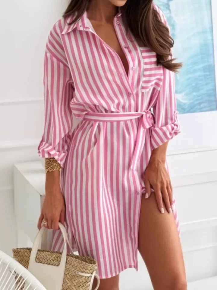 Moda impressão camisa vestido feminino casual listrado manga longa rendas vestidos para feminino casual escritório roupas femininas verão novo