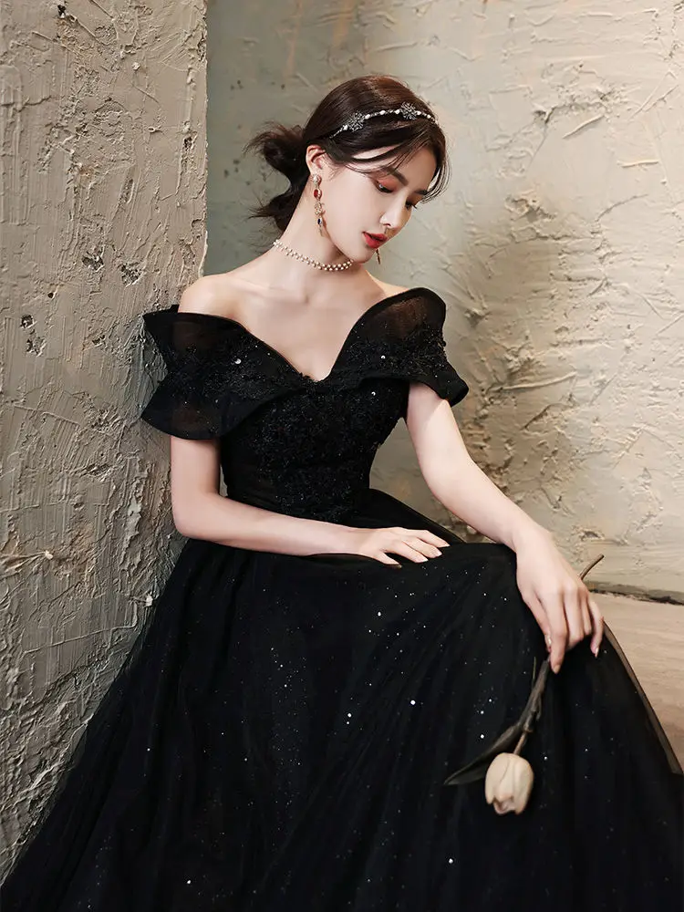 Black Evening Dress High-end Banquet Skirt Light Luxury Suit Student Ceremony Dress Black Dress New Host Sexy Strapless Dress